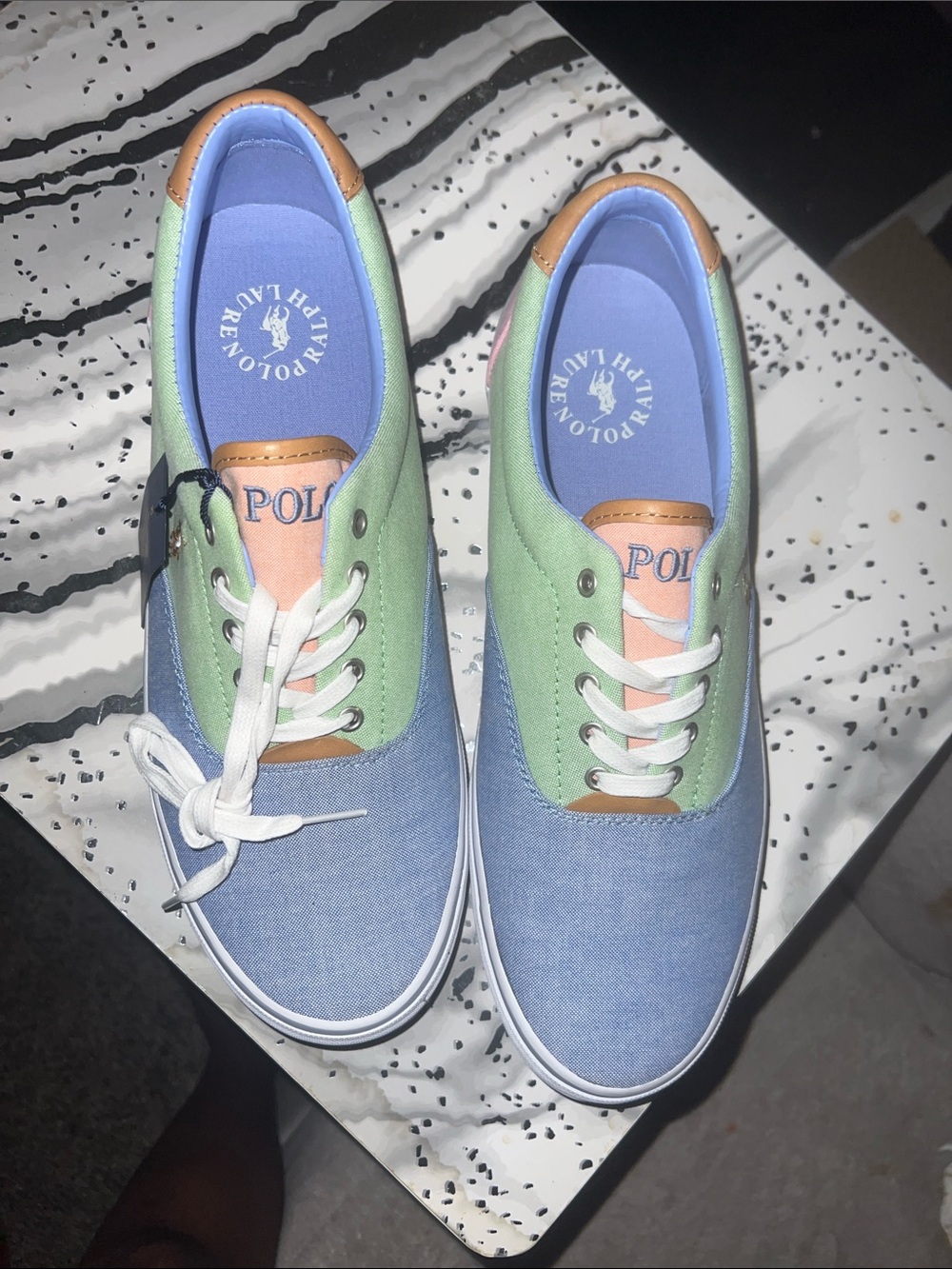 Polo by Ralph Lauren Men’s Two-Tone Canvas Sneakers in Blue, Green & Tan